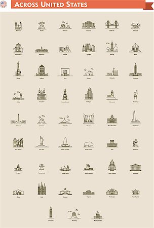 simsearch:400-07990271,k - Icon set  represents each state as landmark and travel destination Photographie de stock - Aubaine LD & Abonnement, Code: 400-08047256