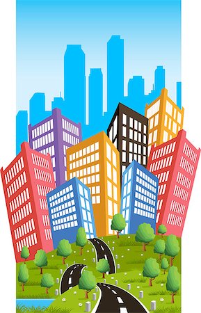 simsearch:400-08045697,k - Cartoon illustration of a road to a city Fotografie stock - Microstock e Abbonamento, Codice: 400-08047366