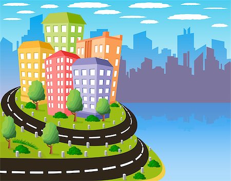 simsearch:400-08050307,k - Cartoon illustration of a road to a city Stockbilder - Microstock & Abonnement, Bildnummer: 400-08047368