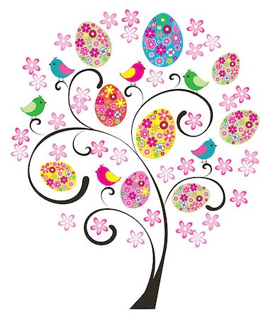 flowers on branch cartoon - vector Easter tree with floral eggs, birds, flowers Stock Photo - Budget Royalty-Free & Subscription, Code: 400-08047400