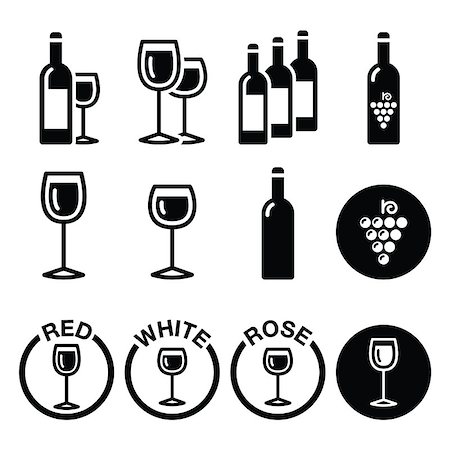 Drinking wine - glass and bottle vector icons set isolated on white Stock Photo - Budget Royalty-Free & Subscription, Code: 400-08047626