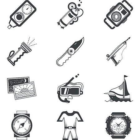 simsearch:400-08052219,k - Flat black silhouette vector icons for diving equipment and accessory on white background. Stock Photo - Budget Royalty-Free & Subscription, Code: 400-08047704