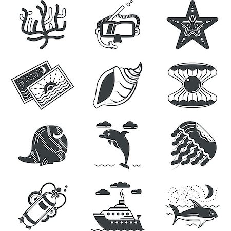 Set of black silhouette vector icons for underwater life and diving research on white background. Stock Photo - Budget Royalty-Free & Subscription, Code: 400-08047703