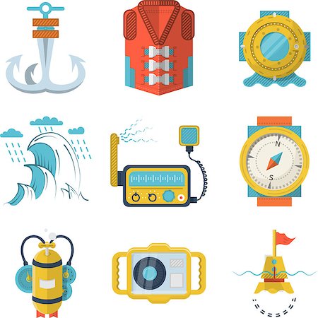 simsearch:400-08052219,k - Set of flat color style vector icons for diving equipment and marine objects on white background. Stock Photo - Budget Royalty-Free & Subscription, Code: 400-08047711