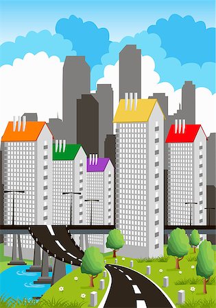 simsearch:400-08045697,k - Cartoon illustration of a modern city with roads Fotografie stock - Microstock e Abbonamento, Codice: 400-08048242