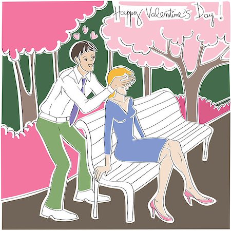 simsearch:400-07614122,k - Valentine's Day card with man surprising his girlfriend, hand drawn cartoon illustration of two lovers in a park Stock Photo - Budget Royalty-Free & Subscription, Code: 400-08048677