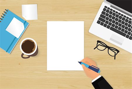 simsearch:400-08530598,k - Realistic workplace organization. Top view with textured table, laptop, stickers, glasses, diary, human hand and coffee mug Stock Photo - Budget Royalty-Free & Subscription, Code: 400-08048691