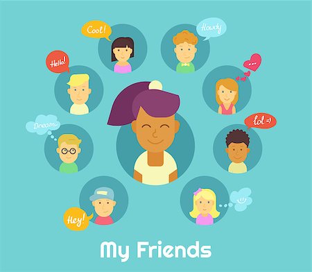 Smiling black haired girl and her friends in social networks with speech bubbles Stock Photo - Budget Royalty-Free & Subscription, Code: 400-08048704