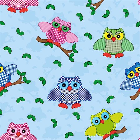 simsearch:400-04409562,k - Seamless vector pattern with colorful ornamental owls on a blue background Fotografie stock - Microstock e Abbonamento, Codice: 400-08048974