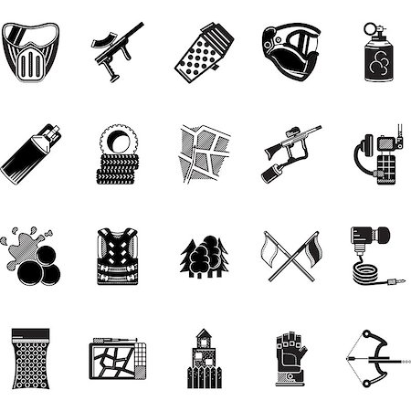 simsearch:400-08041679,k - Set of black style vector icons for paintball equipment, accessory and objects on white background. Foto de stock - Royalty-Free Super Valor e Assinatura, Número: 400-08049106