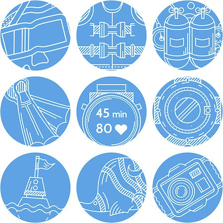 simsearch:400-08052219,k - Set of round blue vector icons with white line elements for diving and snorkeling on white background. Stock Photo - Budget Royalty-Free & Subscription, Code: 400-08049101
