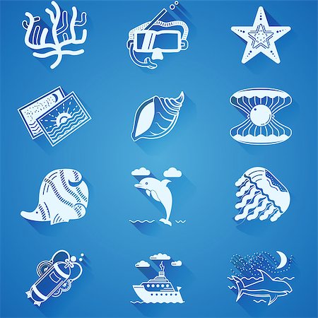 simsearch:400-08052219,k - Set of white silhouette vector icons with underwater and sea leisure objects on blue background. Stock Photo - Budget Royalty-Free & Subscription, Code: 400-08049102