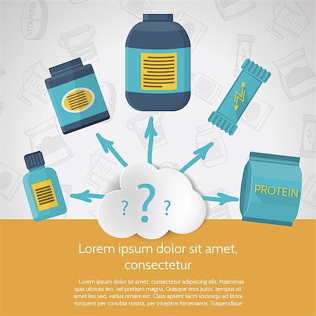 simsearch:400-07976328,k - Flat design vector illustration with jars of sport nutrition around the cloud with question sign on thematic gray background. Choice of sport supplements for optimal training and muscle growth. Foto de stock - Royalty-Free Super Valor e Assinatura, Número: 400-08049111