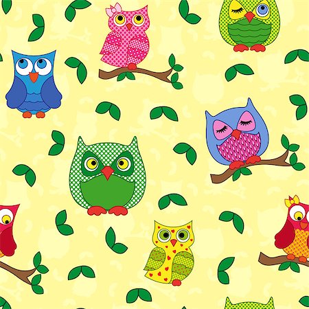 simsearch:400-04409562,k - Seamless vector pattern with colorful ornamental owls on a light yellow background Fotografie stock - Microstock e Abbonamento, Codice: 400-08049224