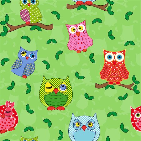 simsearch:400-04409562,k - Seamless vector pattern with colorful ornamental owls on a light green background Fotografie stock - Microstock e Abbonamento, Codice: 400-08049225