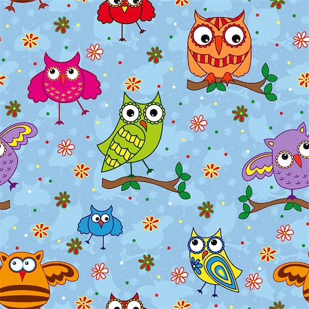 simsearch:400-04409562,k - Seamless vector pattern with colorful ornamental owls on a light blue background Fotografie stock - Microstock e Abbonamento, Codice: 400-08049228