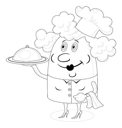 Cook woman, cartoon chef with closed salver, toque and towel, black contour on white background. Vector Stock Photo - Budget Royalty-Free & Subscription, Code: 400-08049449