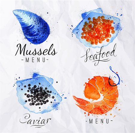 printing paper - Watercolor signs seafood shrimp, caviar, mussels with lettering on crumpled paper Stock Photo - Budget Royalty-Free & Subscription, Code: 400-08049442