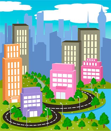 simsearch:400-08045697,k - Cartoon illustration of a road to a city Fotografie stock - Microstock e Abbonamento, Codice: 400-08049518