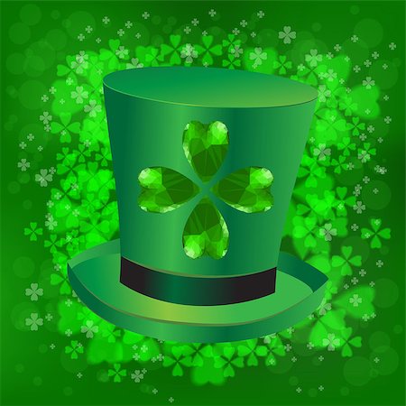 simsearch:400-08039008,k - Four- leaf clover - Irish shamrock St Patrick's Day symbol. Useful for your design. Green glass clover  and green hat. St. Patrick's day green leaves on green background. Photographie de stock - Aubaine LD & Abonnement, Code: 400-08040014