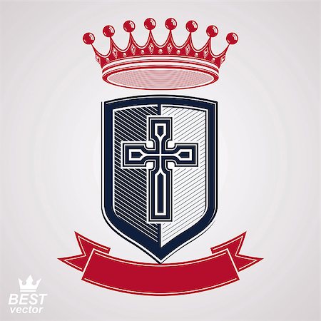 simsearch:400-08041909,k - Imperial insignia, vector royal shield with decorative band and monarch coronet. Detailed eps8 coat of arms, king guard symbol with cross - web design element. Crusade. Photographie de stock - Aubaine LD & Abonnement, Code: 400-08040097