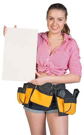 Woman in tool belt holding large white ceramic tile, looking at camera, smiling. Isolated on white background Stock Photo - Budget Royalty-Free & Subscription, Code: 400-08040331