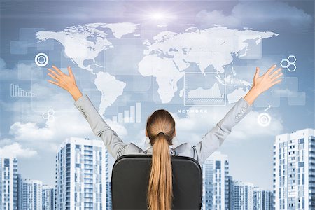 Businesswoman sitting with her hands outstretched against urban background with world map above and other virtual elements Stock Photo - Budget Royalty-Free & Subscription, Code: 400-08040341