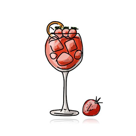 party beverage sketches - Cocktail with strawberry, sketch for your design. Vector illustration Stock Photo - Budget Royalty-Free & Subscription, Code: 400-08040429