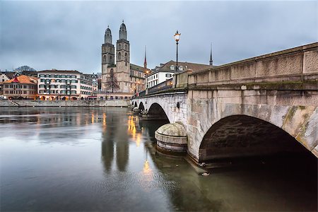 View on Grossmunster Church and Zurich Downtown in the Evening, Switzerland Stock Photo - Budget Royalty-Free & Subscription, Code: 400-08040471