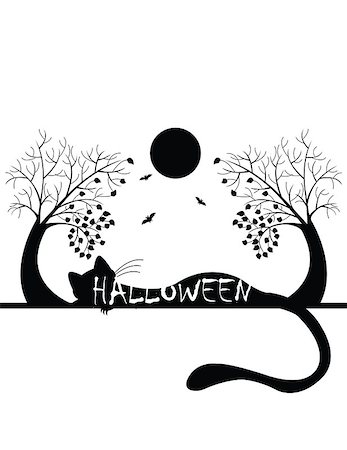 withe and black halloween silhouette with cat, bat, moon and tree Stock Photo - Budget Royalty-Free & Subscription, Code: 400-08040598