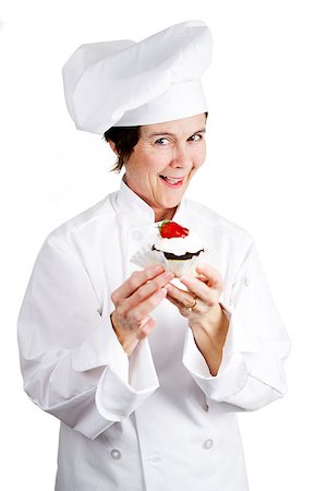 pastry chef uniform for women - Chef holding a delicious cheesecake tart.  Isolated on white. Stock Photo - Budget Royalty-Free & Subscription, Code: 400-08040633