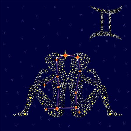 Zodiac sign Gemini on a background of the starry sky with the scheme of stars in the constellation, vector illustration Stock Photo - Budget Royalty-Free & Subscription, Code: 400-08040940