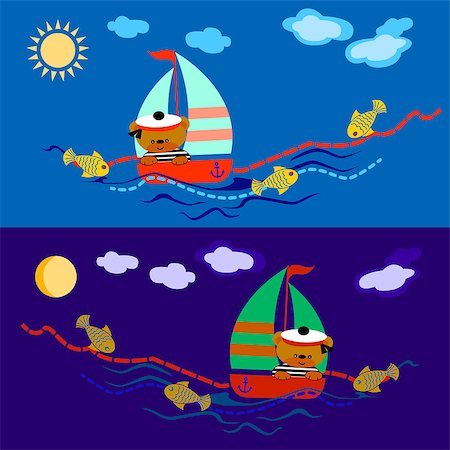 seascape drawing - teddy bear seaman floats on a sailing vessel on the dark sea and blue sea Stock Photo - Budget Royalty-Free & Subscription, Code: 400-08041337