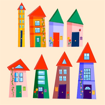 funny people on a roof - Set of cute houses hand drawn cartoon kids style Stock Photo - Budget Royalty-Free & Subscription, Code: 400-08041342