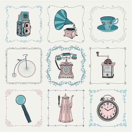 simsearch:400-07170780,k - Colorful Old Style Hand-Drawn Doodle Icons and Vintage Frames. Vector Illustration. Fully Editable. Objects Stock Photo - Budget Royalty-Free & Subscription, Code: 400-08041544