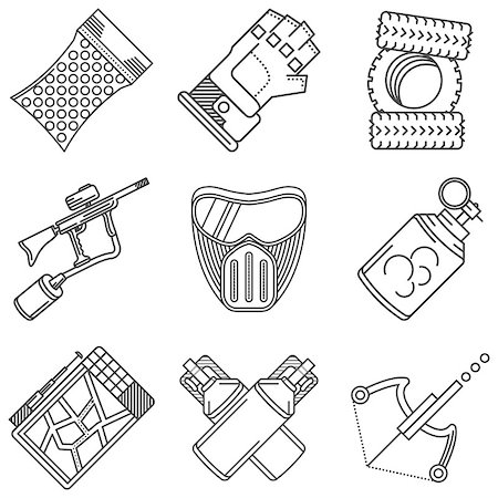simsearch:400-08041679,k - Set of black flat line vector icons for paintball equipment and accessory on white background. Foto de stock - Royalty-Free Super Valor e Assinatura, Número: 400-08041647