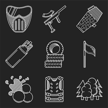 simsearch:400-08041679,k - Set of white contour vector icons for paintball equipment and accessory for paintball on black background. Foto de stock - Royalty-Free Super Valor e Assinatura, Número: 400-08041679