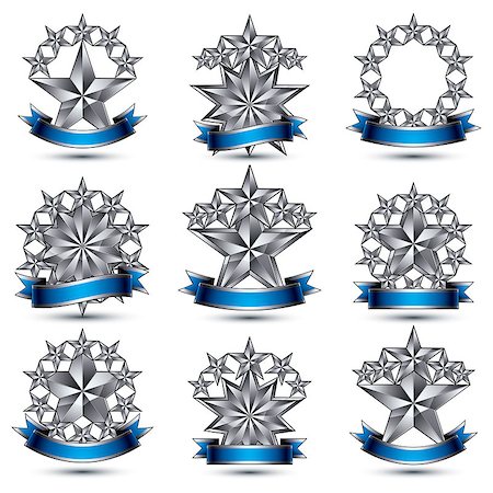 simsearch:400-08041909,k - Set of silvery heraldic 3d glossy icons, best for use in web and graphic design, pentagonal silver stars, clear EPS 8 vector luxury symbols. Photographie de stock - Aubaine LD & Abonnement, Code: 400-08041912