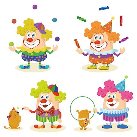 simsearch:400-04848742,k - Set of cheerful kind circus clowns in colorful clothes juggling balls and candies and training dogs, holiday illustration, funny cartoon characters, isolated on white background. Vector Stock Photo - Budget Royalty-Free & Subscription, Code: 400-08042235