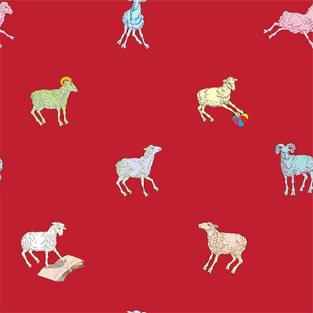 simsearch:400-07614122,k - Sparse seamless pattern with different sheeps, hand drawn cartoons on a red background Stock Photo - Budget Royalty-Free & Subscription, Code: 400-08042265