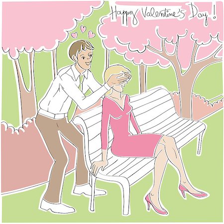 simsearch:400-07614122,k - Valentine's Day card with man surprising his girlfriend, hand drawn cartoon illustration of two lovers in a park Stock Photo - Budget Royalty-Free & Subscription, Code: 400-08042285