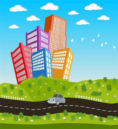 simsearch:400-08045697,k - Illustration of a cartoon road driving through cityscape downtown Fotografie stock - Microstock e Abbonamento, Codice: 400-08042540