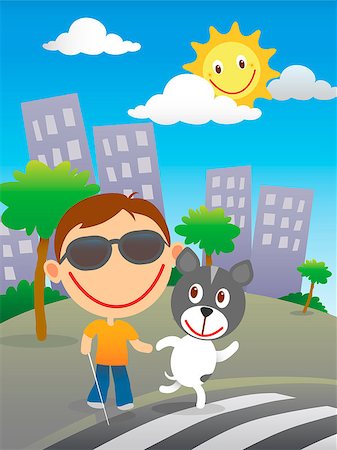 Happy blind child with cane and sunglasses cross the road at a zebra crossing with his quide dog in a sunny day in the city. Stock Photo - Budget Royalty-Free & Subscription, Code: 400-08042727