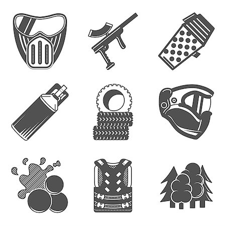 simsearch:400-08041679,k - Set of black silhouette flat vector icons for paintball equipment and outfit on white background. Foto de stock - Royalty-Free Super Valor e Assinatura, Número: 400-08042787