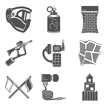 simsearch:400-08041679,k - Set of black silhouette flat icons for paintball equipment and outfit on white background. Foto de stock - Royalty-Free Super Valor e Assinatura, Número: 400-08042788