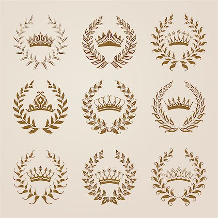 Set of vector golden laurel wreaths, crowns. Page decoration, heraldic symbol, floral elements for design of diploma, certificate, logo. Vector illustration in vintage style. Stock Photo - Budget Royalty-Free & Subscription, Code: 400-08043129