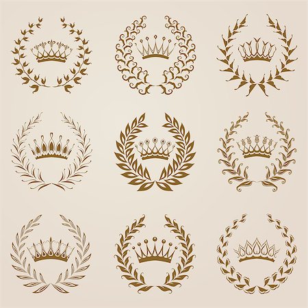 Set of vector golden laurel wreaths, crowns. Page decoration, heraldic symbol, floral elements for design of diploma, certificate, logo. Vector illustration in vintage style. Stock Photo - Budget Royalty-Free & Subscription, Code: 400-08043131