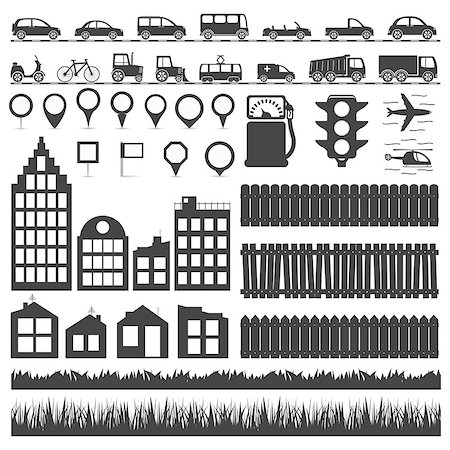 City elements collection - transport, map markers, houses and buildings, fences and grass, vector eps10 illustration Stock Photo - Budget Royalty-Free & Subscription, Code: 400-08043497