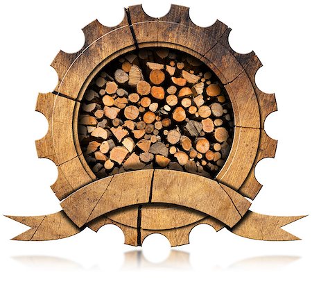 simsearch:622-07108946,k - Wooden icon in the shape of gear with dry cut firewood logs in a pile inside, empty wooden ribbon for text. Isolated on white background Stockbilder - Microstock & Abonnement, Bildnummer: 400-08043693