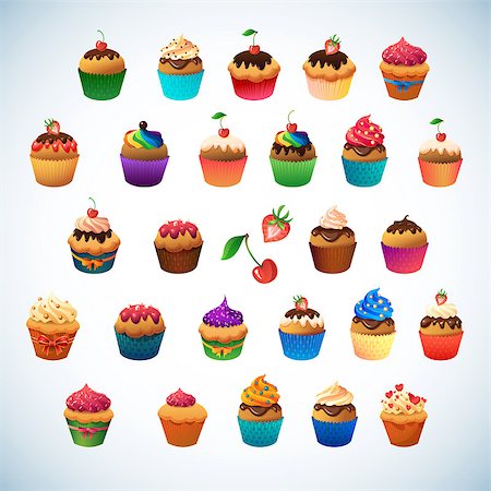 simsearch:400-06104035,k - Super cupcake pack. Chocolate and vanilla icing cupcakes.Strawberry, cherry, cream Photographie de stock - Aubaine LD & Abonnement, Code: 400-08043731